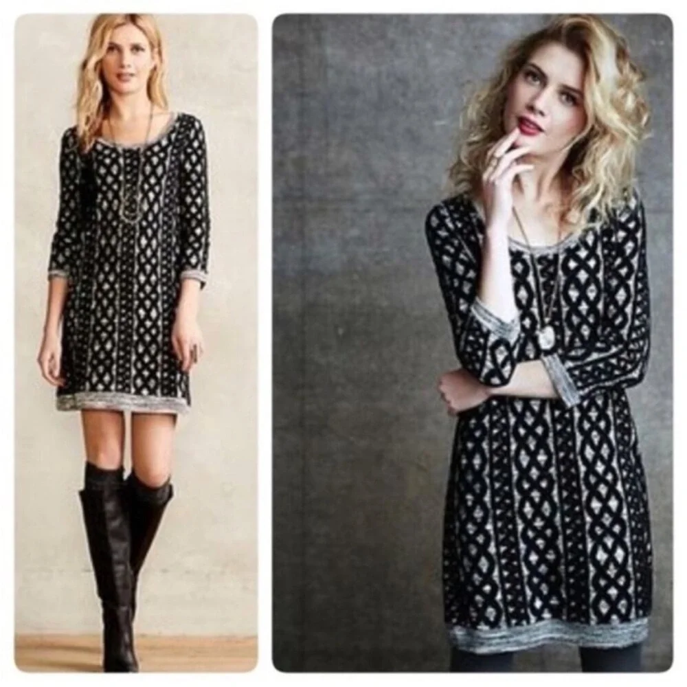 Moth Anthropologie Sweater Dress Black Gray Knit Pattern 3/4 Sleeve - Picture 1 of 12